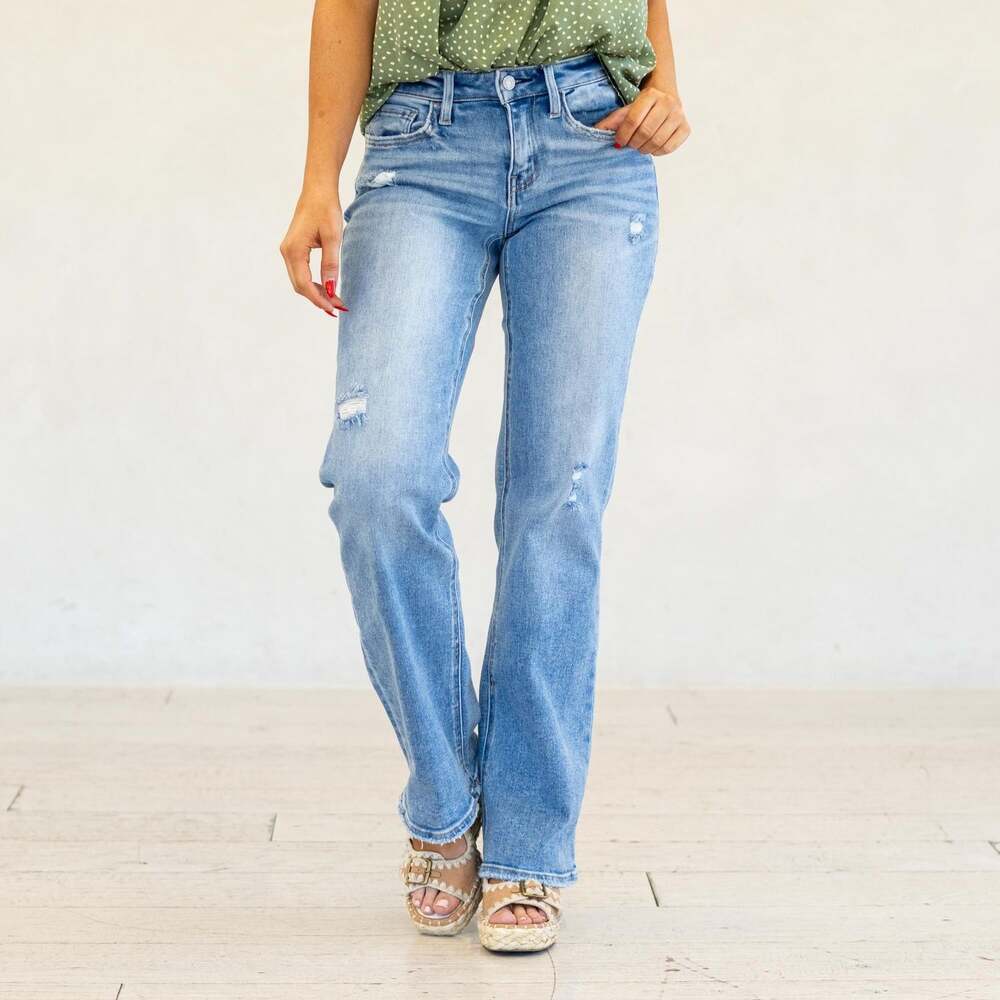 VERVET LIGHT STONE WASH MID RISE SLIM WIDE LEG JEANS